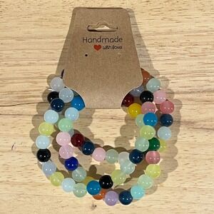 Handmade Beaded Bracelet Women OS Multicolor Glass Stretch Eclectic Set 3pc Boho